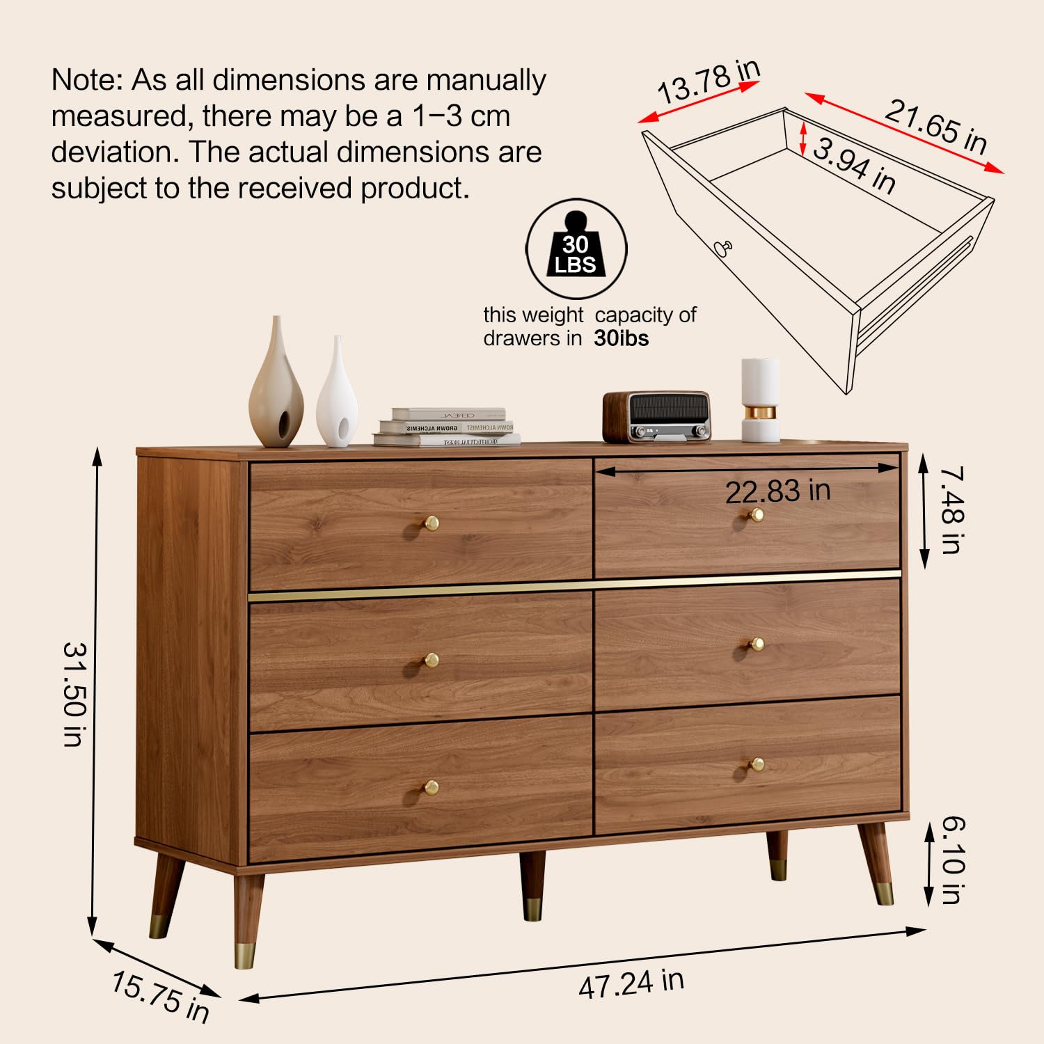 Cómoda de 6 cajones, cómoda de mediados de siglo de 47 pulgadas de ancho, cómoda de madera para dormitorio con 6 cajones de almacenamiento para dormitorio, sala de estar, con dispositivo 3