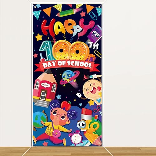 HOWAF Decoración de fiesta de 100 días de escuela, decoración de puerta, pancarta de feliz 100 días de escuela para niños, jardín de infantes,
