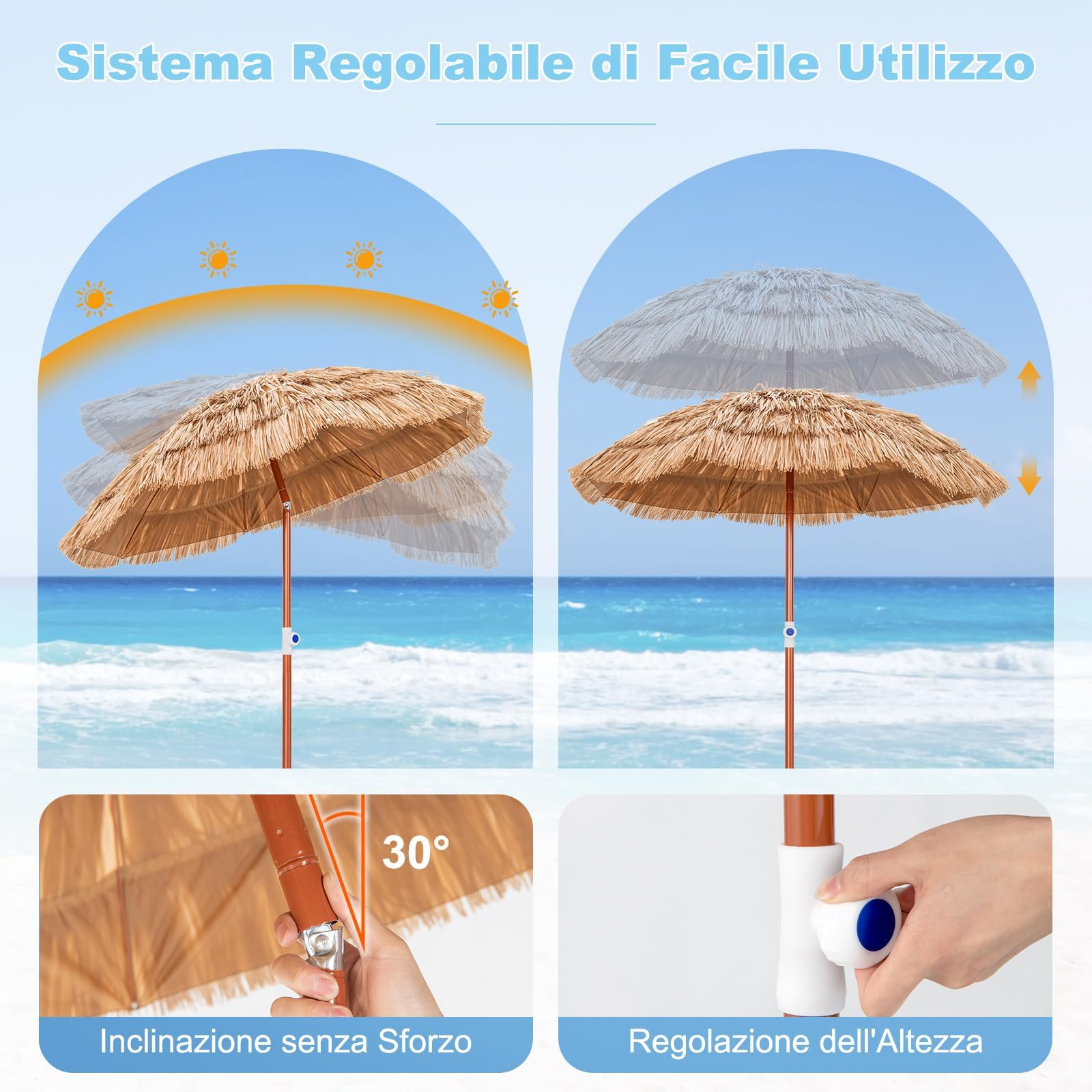GYMAX Ombrellone Paglia PP, Altezza Regolabile, Angolo Inclinabile, Parasole Ombrello da Esterno con 8 Stecche, Borsa di Trasporto, per Giardino, Piscina, Mare, Terrazzo