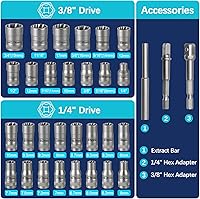 Vista 2 de Juego de 32 piezas de extractor de pernos con zócalos, kit de extracción de tuercas y ruedas dañadas con transmisión de 1/4" y 3/8" - Extractor