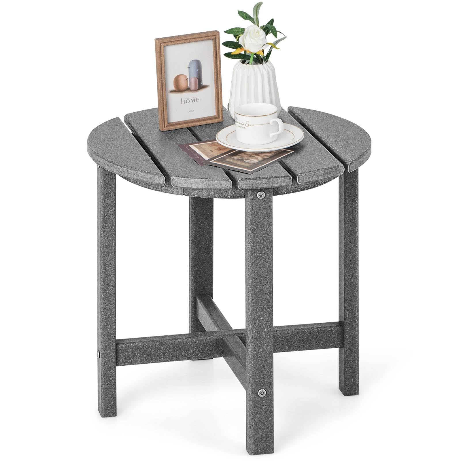 Multigot Garden Side Table, HDPE Adirondack Table Patio Bistro Table with Slatted Tabletop, Weather Resistant Small Snack Tea Coffee Table for Patio, Backyard, Poolside and Balcony (Round, Grey)