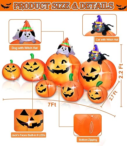 Miniatura 2 de Decoraciones inflables de calabaza de Halloween al aire libre – 7 calabazas con bruja gato y perro con LED integrados inflables inflables para