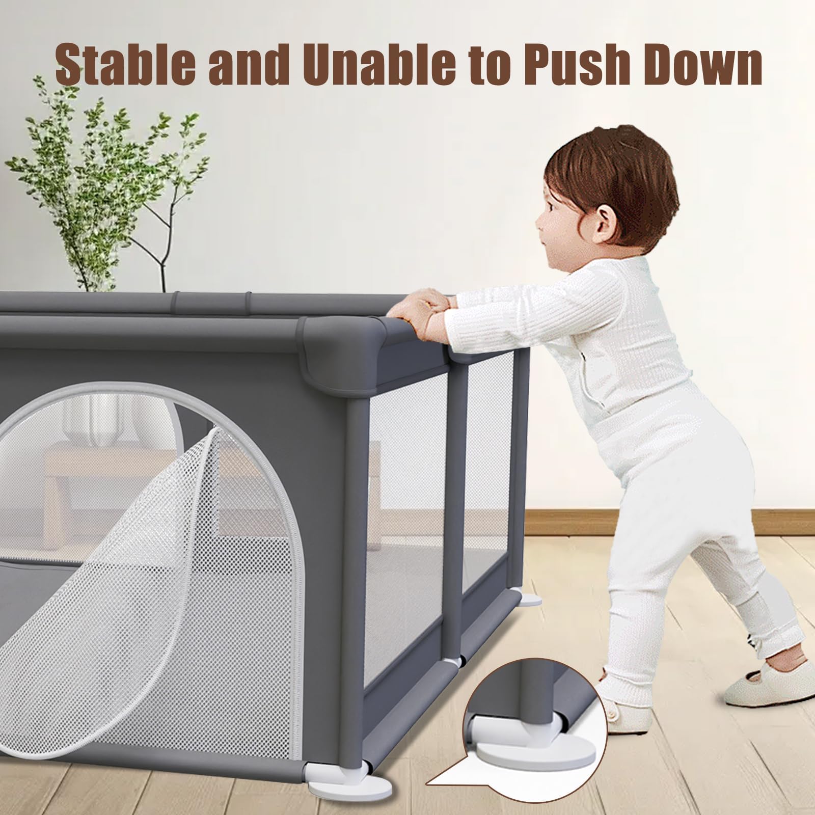 Laufstall Baby 120x120cm, Laufgitter Baby mit 2 Zugringen, Kinder Laufgitter mit Atmungsaktivem Netz und Reißverschluss für Kleinkinder, Dunkelgrau