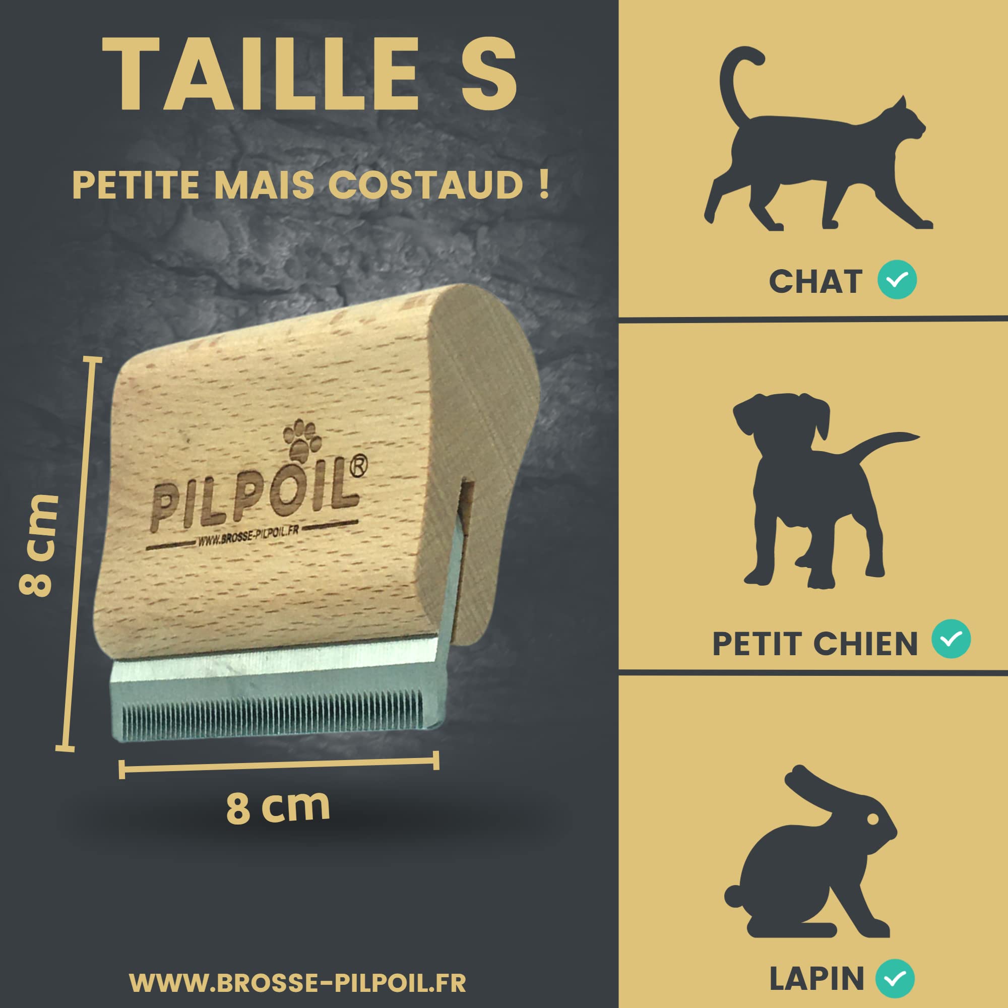 Pilpoil Pack Pro – Brosse Anti-Mue pour Chat et Lapin Poil Court en Bois + Raclette Anti-Poils Animaux – Accessoire de Toilettage – Taille S
