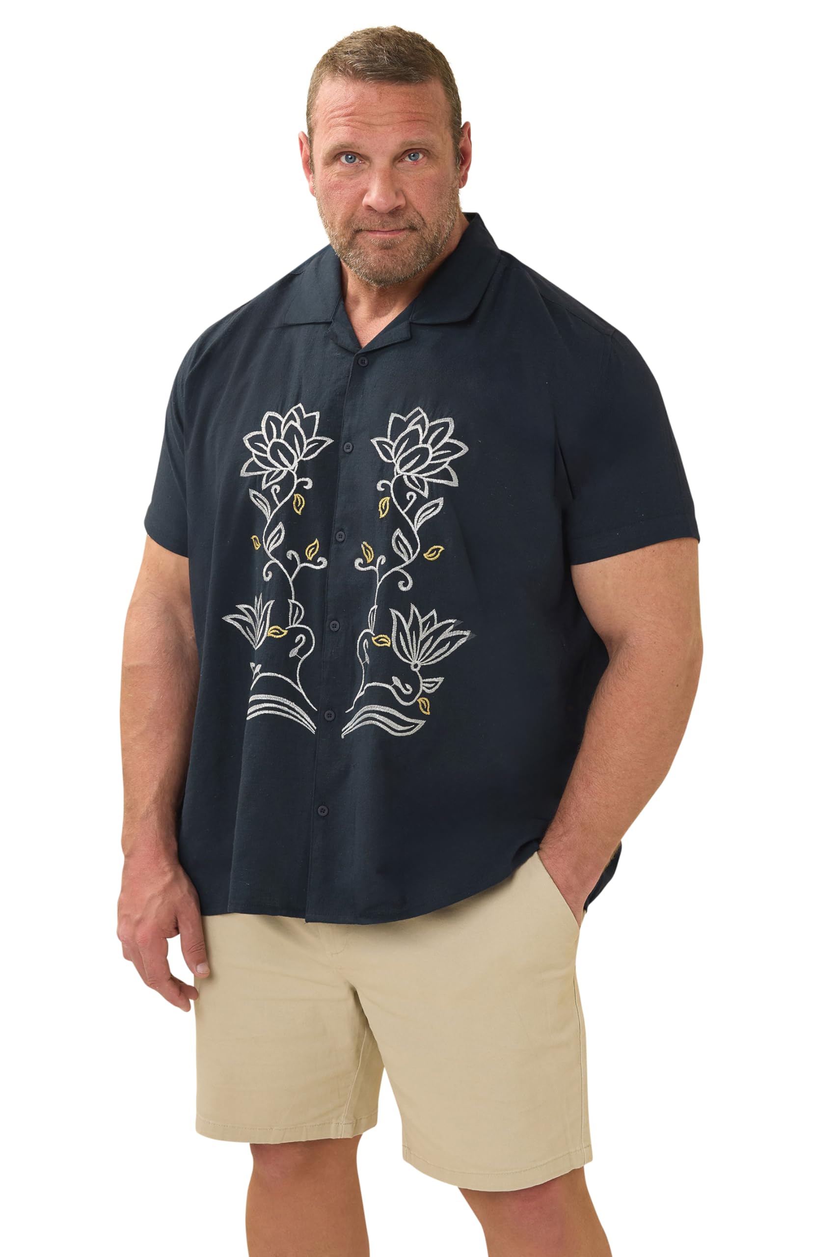 Badrhino Men's Navy Big & Tall Blue Floral Embroidered Shirt - Plus Size Curve
