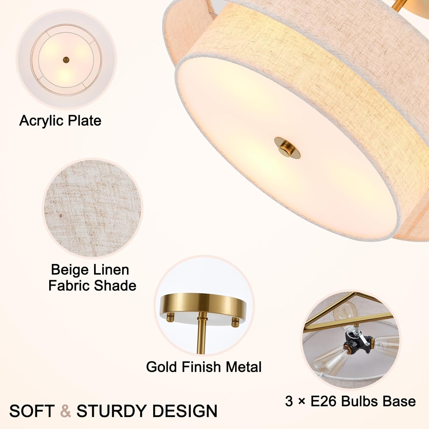 Semi Flush Mount Ceiling Light, 18" Gold Drum Ceiling Light Fixture, 3-Light with 2-Tier Beige Linen Fabric Shade, Modern Farmhouse Close to Ceiling Light for Bedroom, Kitchen, Hallway