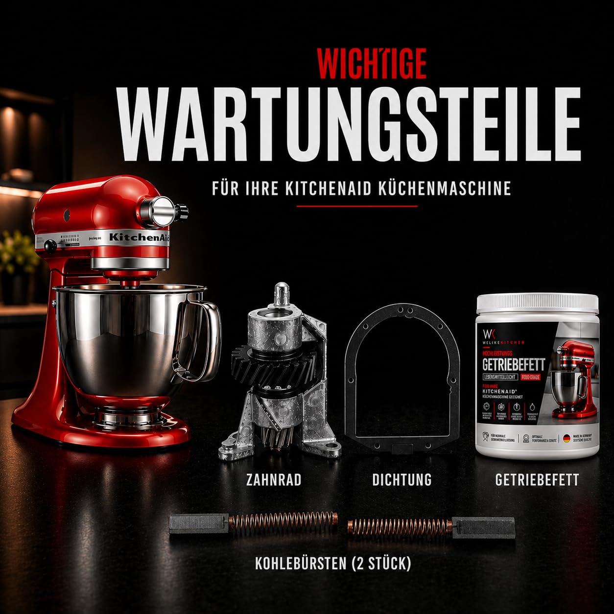 Welikekitchen Zestaw konserwacyjny kompatybilny z robotami kuchennymi KitchenAid – koło zębate, uszczelka, smar przekładniowy i szczotki węglowe (2 sztuki) – zestaw naprawczy do Artisan, Classic