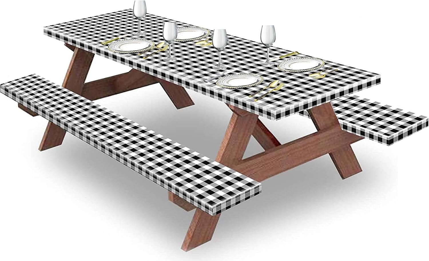 Picnic Table Cover, 3 Piece Set Bench Fitted Tablecloth Cover, Elastic Edge Waterproof Wipeable Plastic Cover Vinyl Tablecloth Blue-White Plaid