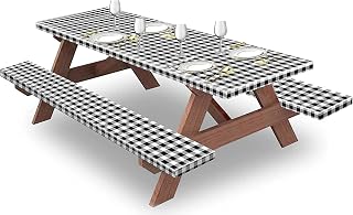 MRUTYIU Picnic Table Cover, 3 Piece Set Bench Fitted Tablecloth Cover, Elastic Edge Waterproof Wipeable Plastic Cover Vinyl Tablecloth for Camping, Dining, Outdoor, Park, Patio (Black-White Plaid 72x30”)
