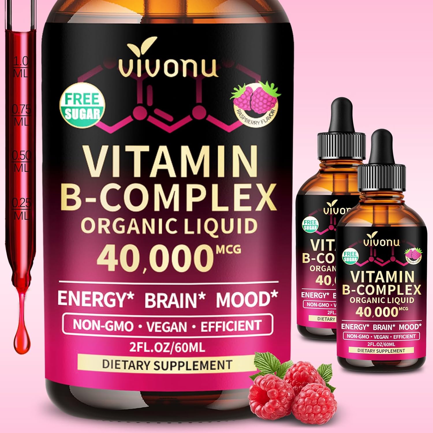 VivoNu Vitamin B Complex Liquid Drops, Methylated Vitamin B12 6000 mcg, B1, B6, B3, B5, B2, Folate, Biotin with Vitamin C D A E, Magnesium, Zinc, CoQ10 for Energy (2 Bottle)