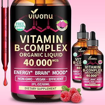 VivoNu Vitamin B Complex Liquid Drops, Methylated Vitamin B12 6000 mcg, B1, B6, B3, B5, B2, Folate, Biotin with Vitamin C D A E, Magnesium, Zinc, CoQ10 for Energy 2 Bottle