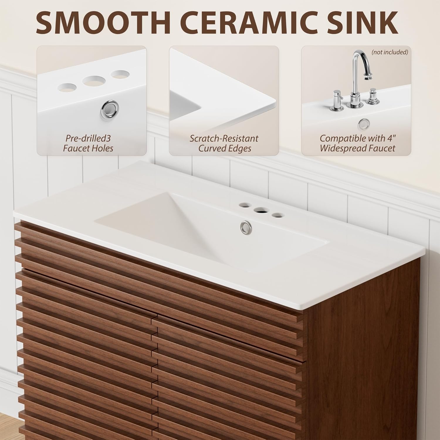 APRILSOUL 36" Bathroom Vanity with Ceramic Sink, Mid-Century Bathroom Vanity Cabinet with 2 Soft Closing Doors, Freestanding Bathroom Cabinet, Particleboard Frame with Wood Grain Laminate, Walnut