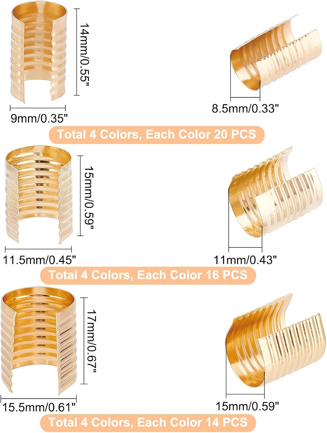 PH PandaHall 200pcs Leather Rope Clips, 3 Sizes & 4 Colors, Cylindrical Opening Crimps, Metal Foldable End Cap for Tassel Leather Cords Strings Jute Bracelet Necklace Macrame