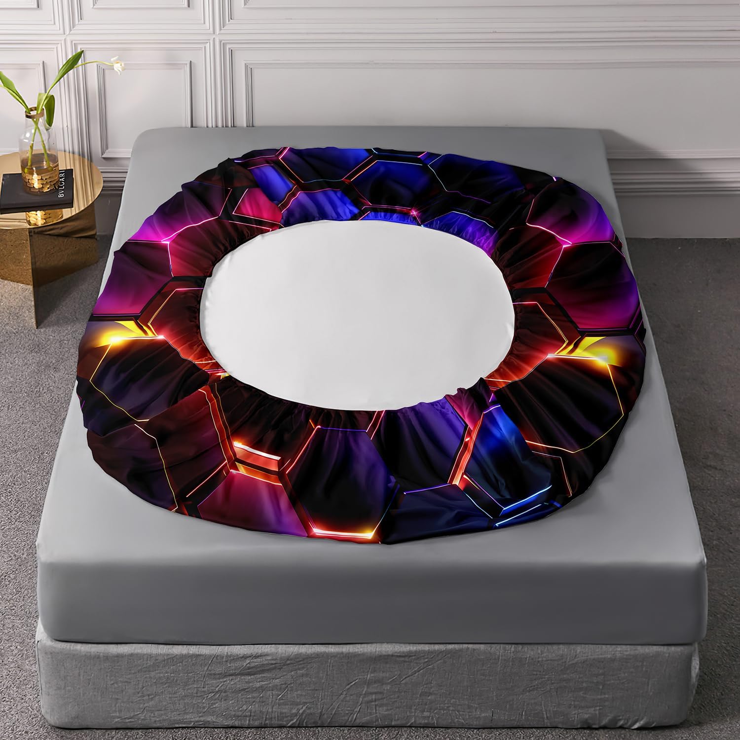 HOSIMA 3D Honeycomb Twin Size Bedding Set,Geometric Hexagon Pattern Fitted Sheet for Kids Teen Boy Room Decor,Lightweight Colorful Neon Lights Twin Bedding,1 Fitted Sheet+2 Pillowcases.