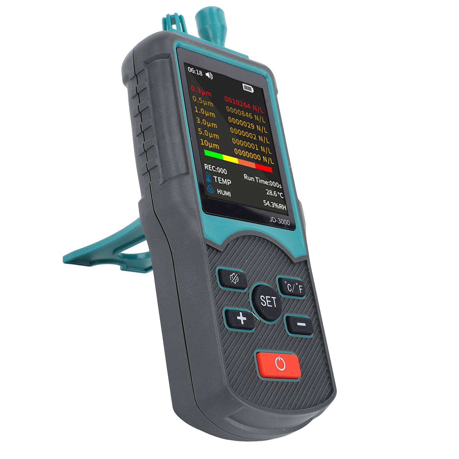 FTVOGUE Staubpartikelzähler, 6 Kanäle, PM0,3, 0,5, 1,0, 3,0, 5,0, 10 um, Luftqualitätsmonitor mit Datenspeicherung, USB, Wiederaufladbar, für PM2, PM10, Temperatur und Luftfeuchtigkeit