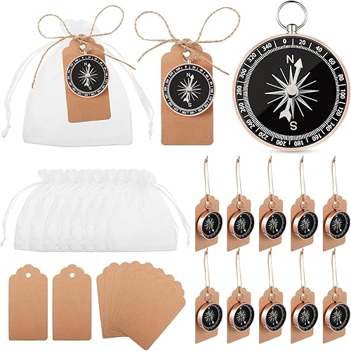 Juego de 60 piezas de brújula de boda mini brújula regalo náutico con etiquetas de papel kraft y bolsa de organza blanca para invitados cumpleaños