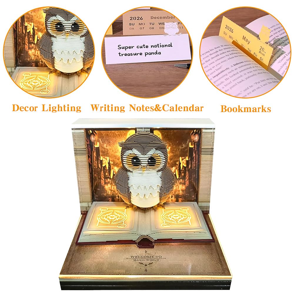 RNPKZ 3D Calendar 2026, Owl-shaped Time Piece Calendar, Tear Away Carving Time Piece Notepad with LED Lights, DIY 3D Memo Pad Paper Carving Art for Christmas Thanksgiving Offices Desktop Decoration - Image 3