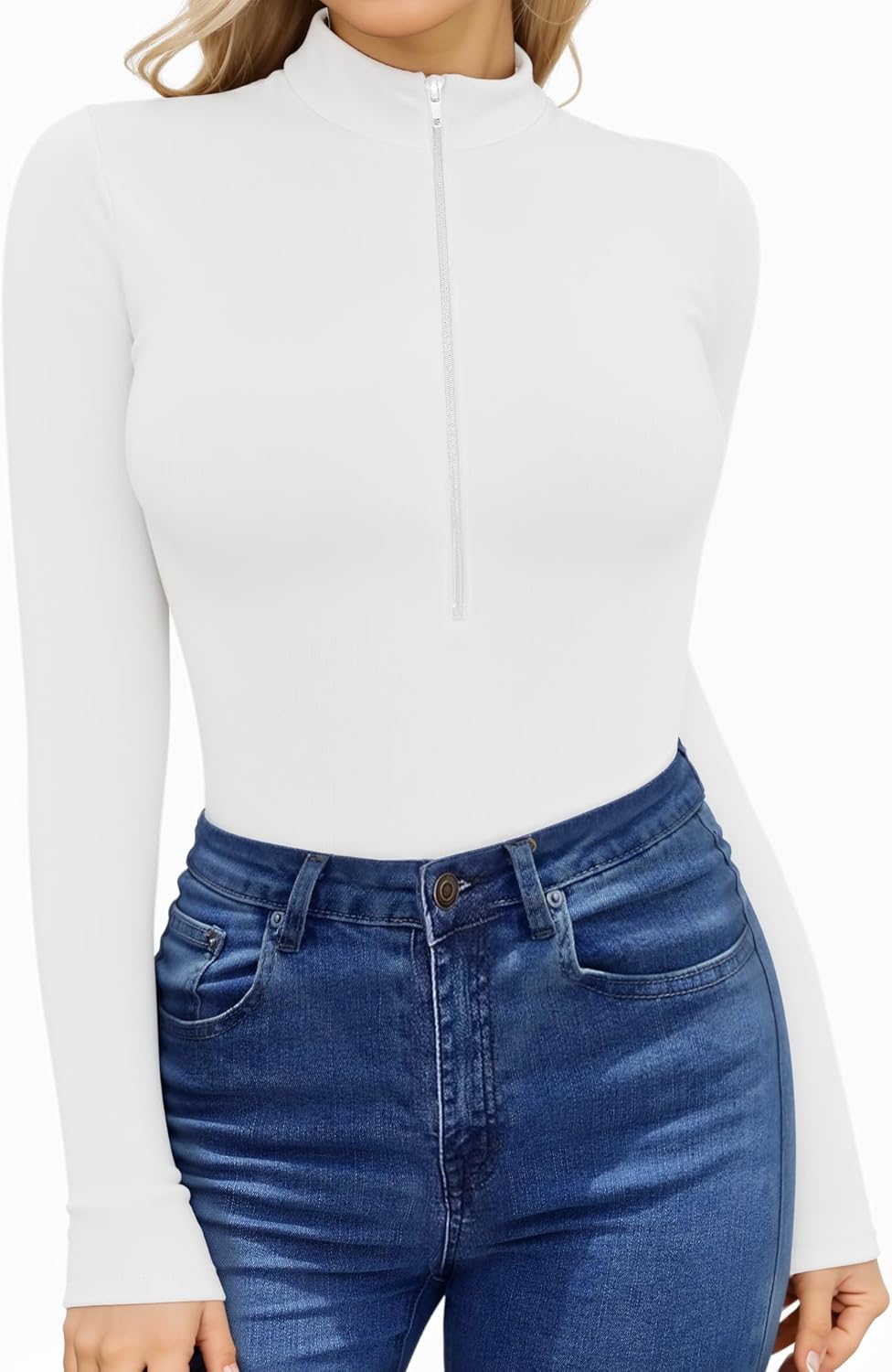 HERLOLLYCHIPS Womens Long Sleeve Tops Short Sleeve V Neck Zip Up Mock Turtle Neck Ribbed Sexy Casual Shirts - Image 2