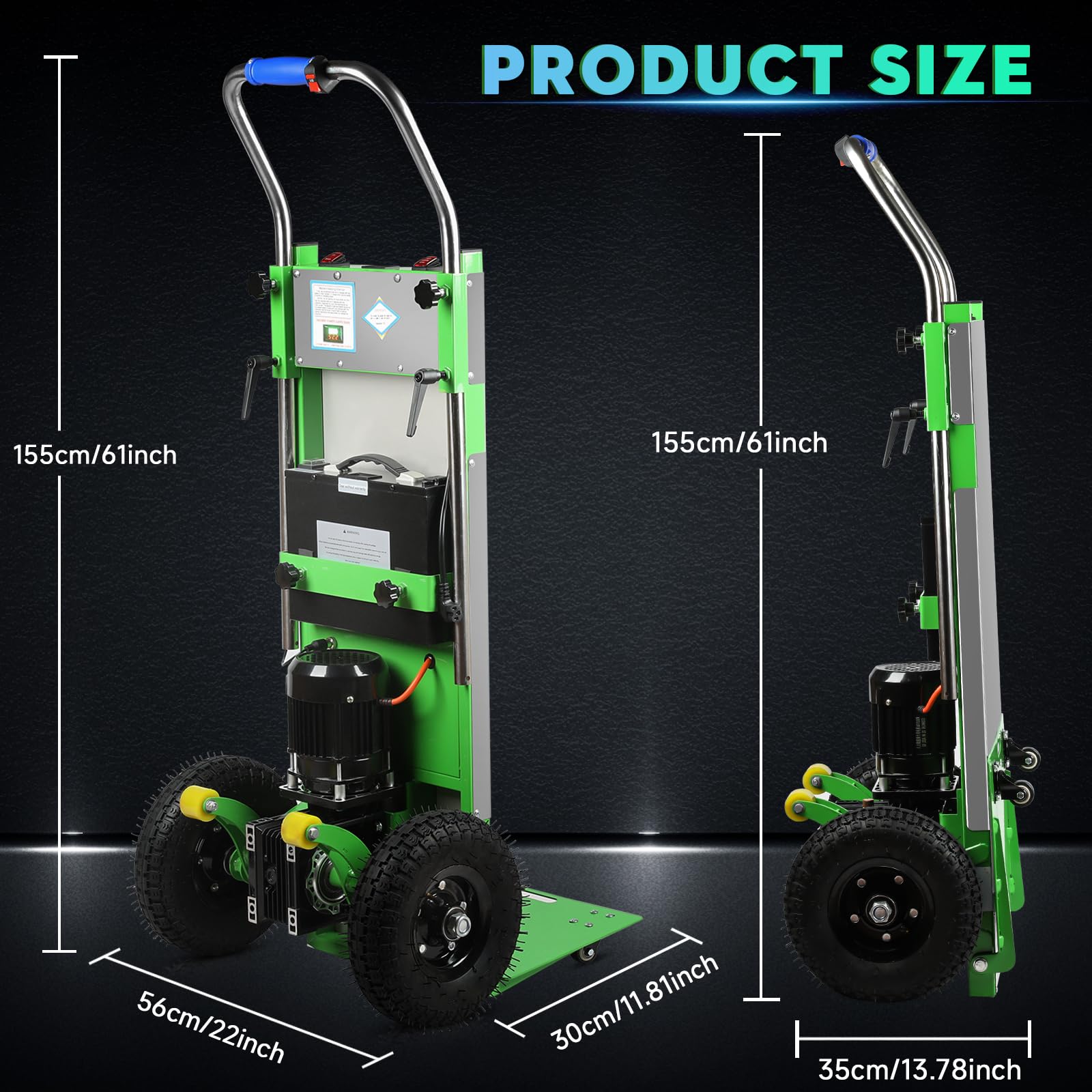 Afitdon - Carretilla eléctrica (1250 W, capacidad de carga de 408 kg, para escaleras y bajadas, con cuerda de seguridad y bomba de aire, color verde