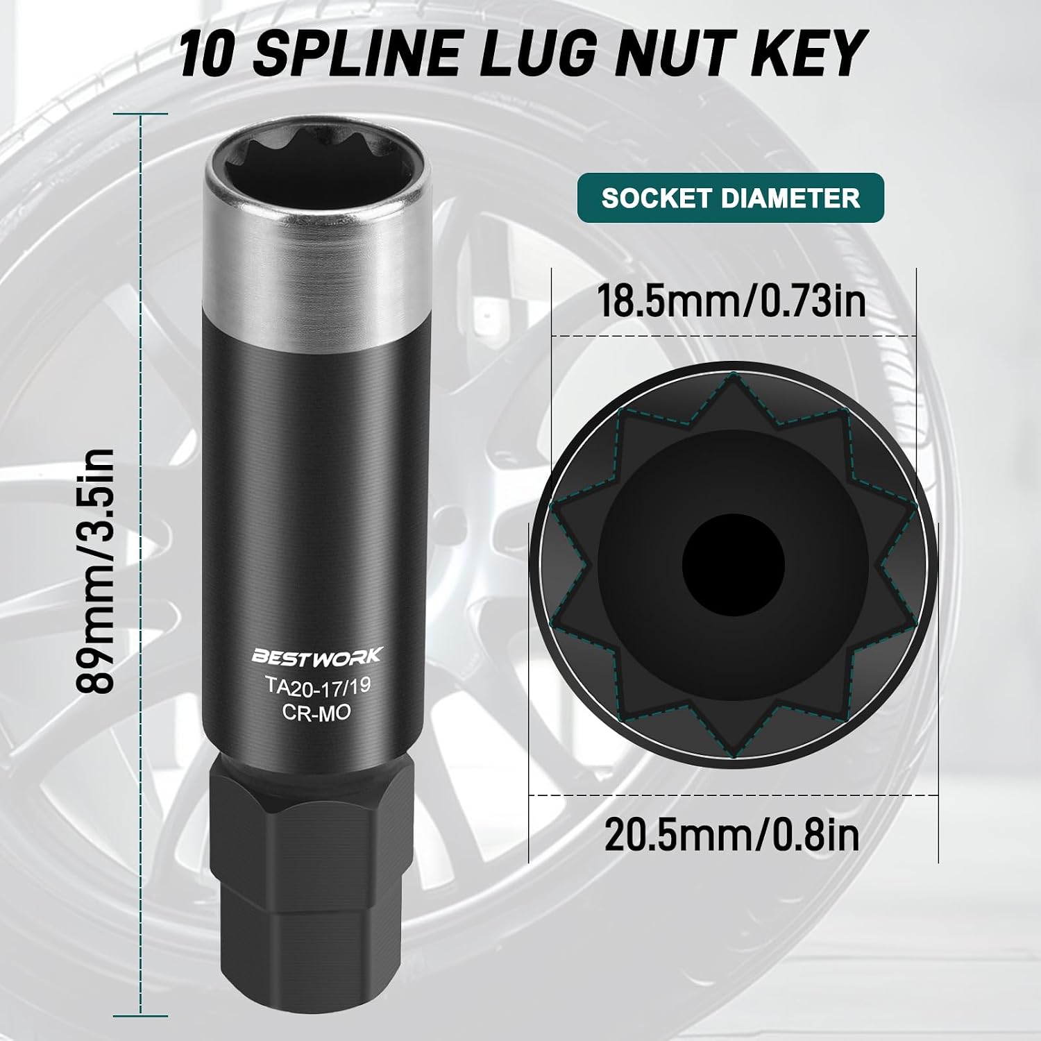 10 Spline Lug Nut Key, for TA20-17/19 10 Point Lug Nut Socket