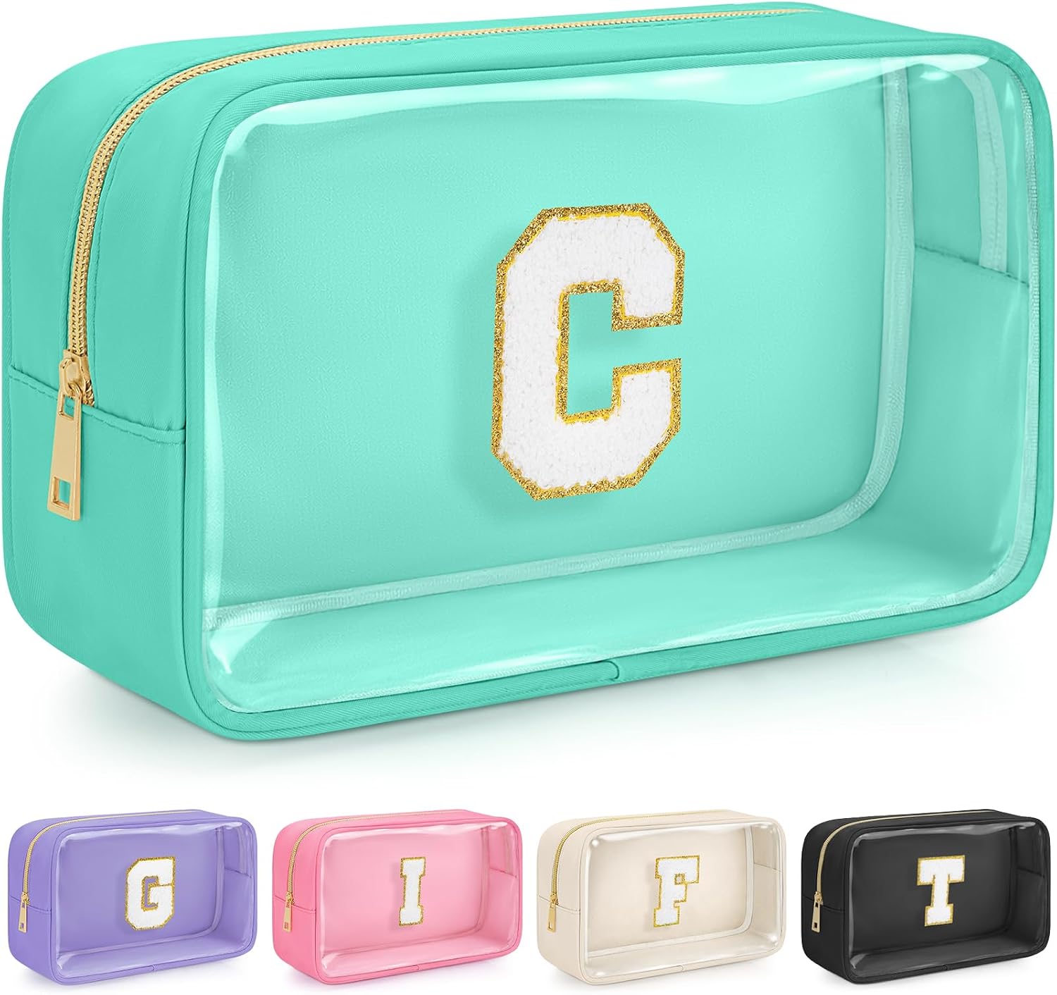 Initial Clear Makeup Bag, Birthday Gift Chenille Patch Cosmetic Bag