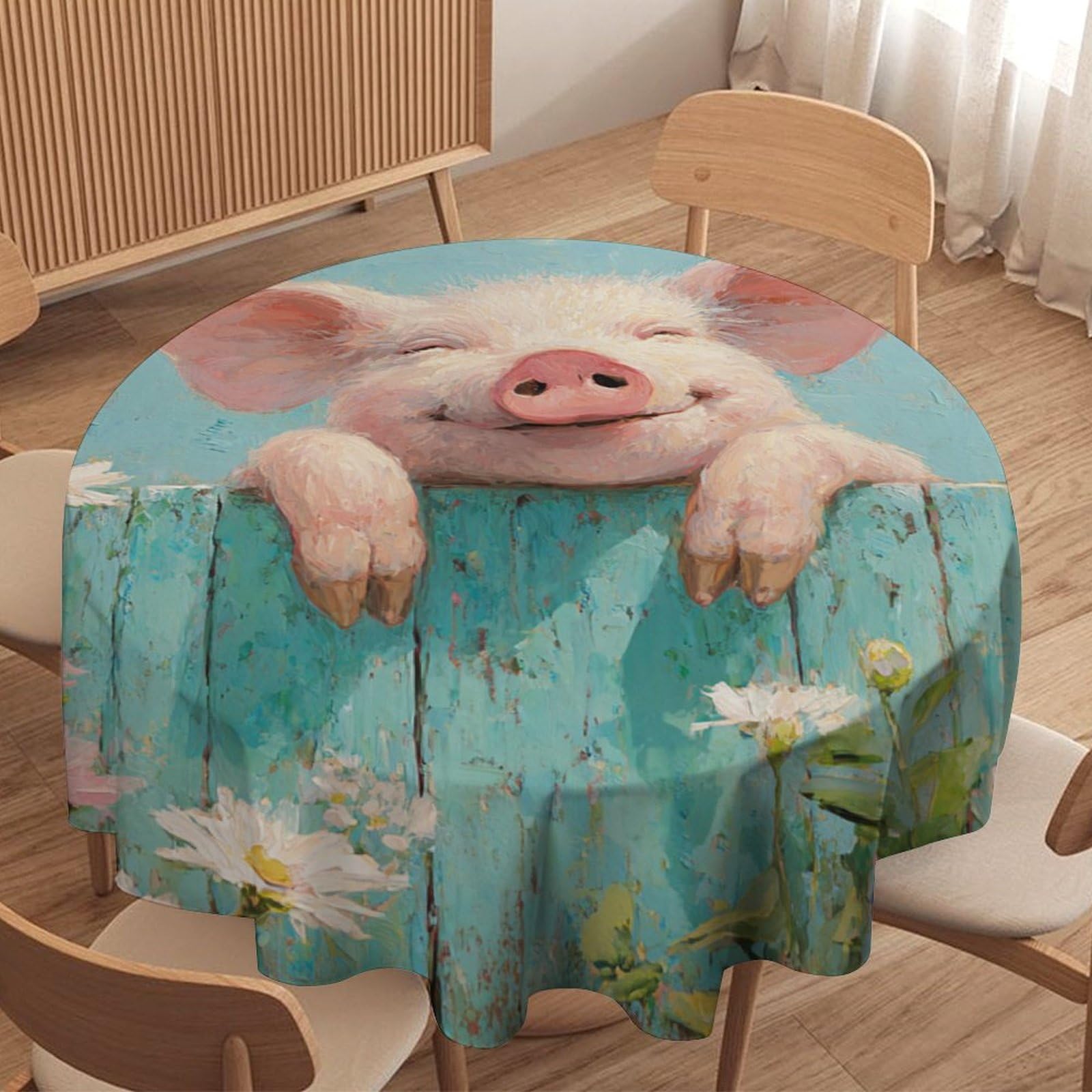 LUYYSKY Beautiful Abstract Cute Pigs Waterproof Round Tablecloth Realistic Spring Farm Fence Plants Daisies Flowers Animals Pigs Washable Table Cover for Kitchen-127 Wx127 L cm