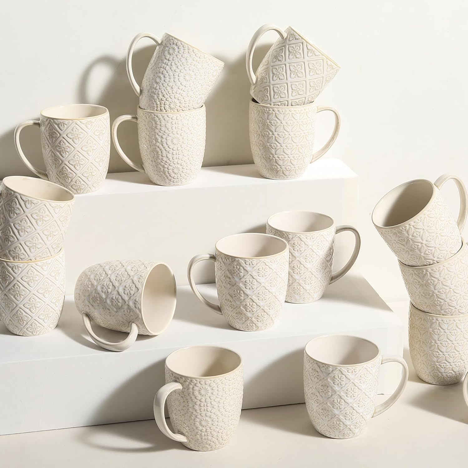 Coffee Mug Set of 4, 16 oz Large Ceramic Mugs, Porcelain Embossed Cups for Cocoa, Tea, Milk, Mocha, Cappuccino - Housewarming Present, Wedding Decoration, Dishwasher Safe, 3.5 x 4.5 inch - Image 9