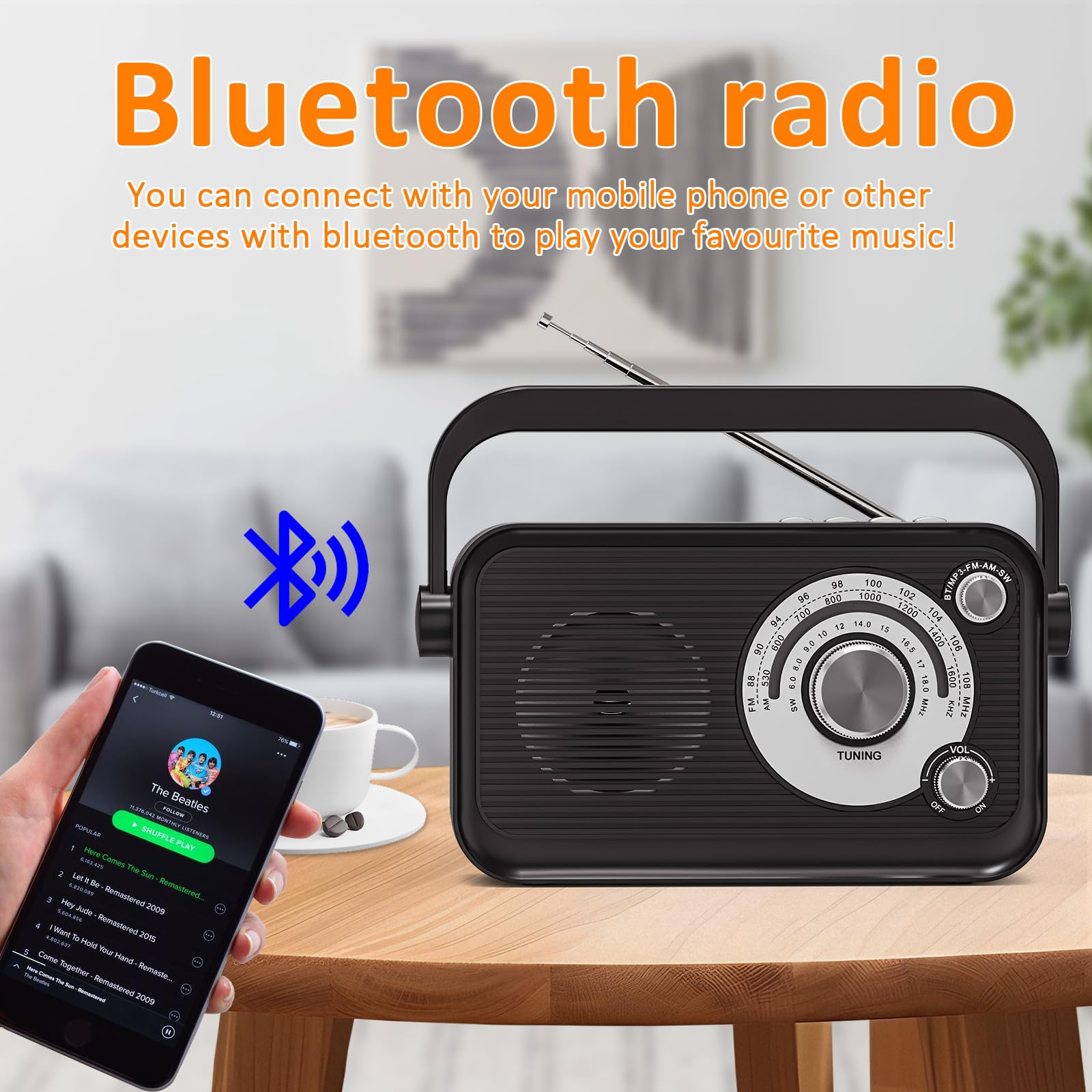 Radio Portatile, Radio Fm FM/AM/SW, Alimentata a CorrentTe e a Batteria con Funzione MP3, Radio a Batteria con Bluetooth, Radio per Ufficio/Cucina/Campeggio/Emergenze