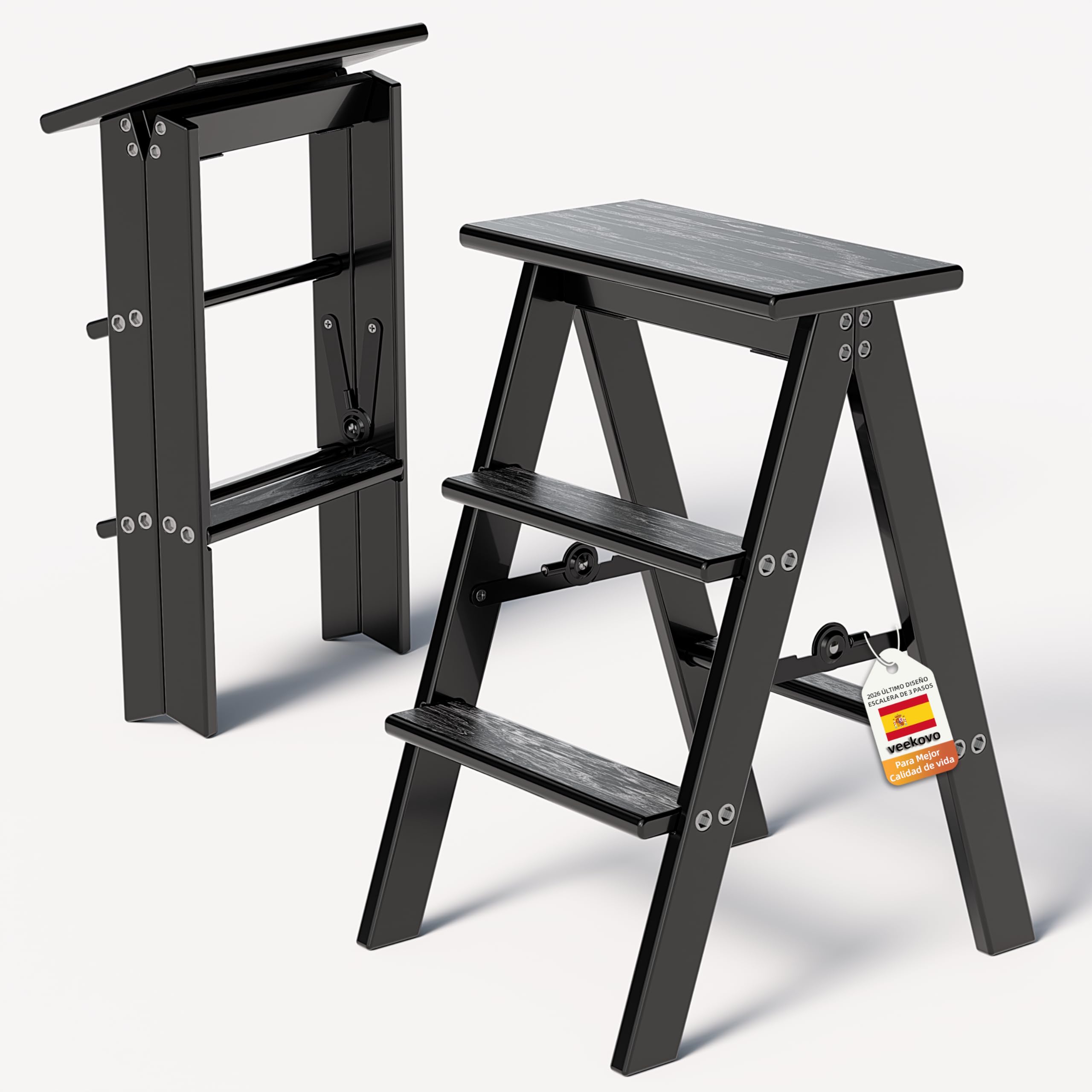 Escalera de 3 peldaños, Taburete Plegable de Madera, Silla Plegable, Antideslizante, portátil y Resistente para el hogar, la Cocina y la Oficina.(Negro EW1)