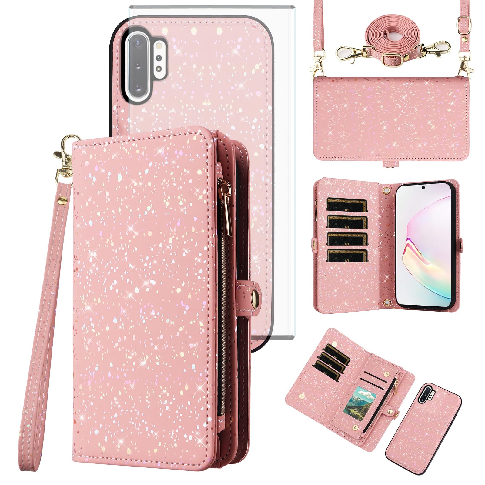 Asuwish Handyhülle für Samsung Galaxy Note 10 Plus Hülle mit Band Schutzfolie Kartenfach Klappbar Glitzer Leder Blumen Geldbörse Ständer Note10+ 5G Note10 + 10+ 10Plus Hüllen Schutzhülle Case Rosa