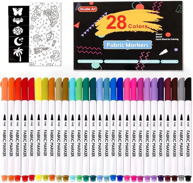 Shuttle Art 28 Colours Fabric Pens Permanent for Clothes, Fine Tip Permanent Fabric Markers for T-shirt, Shoes with 11 Stencils 1 Fabric Sheet, Non-toxic Marker Pen for Kids Adult Painting Writing