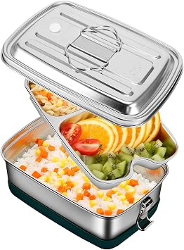 Palmcee 2L Stainless Lunch Box, Leakproof for School | BPA Free with 2 Compartments & Lock Clip. Portable metal container for School & Camping