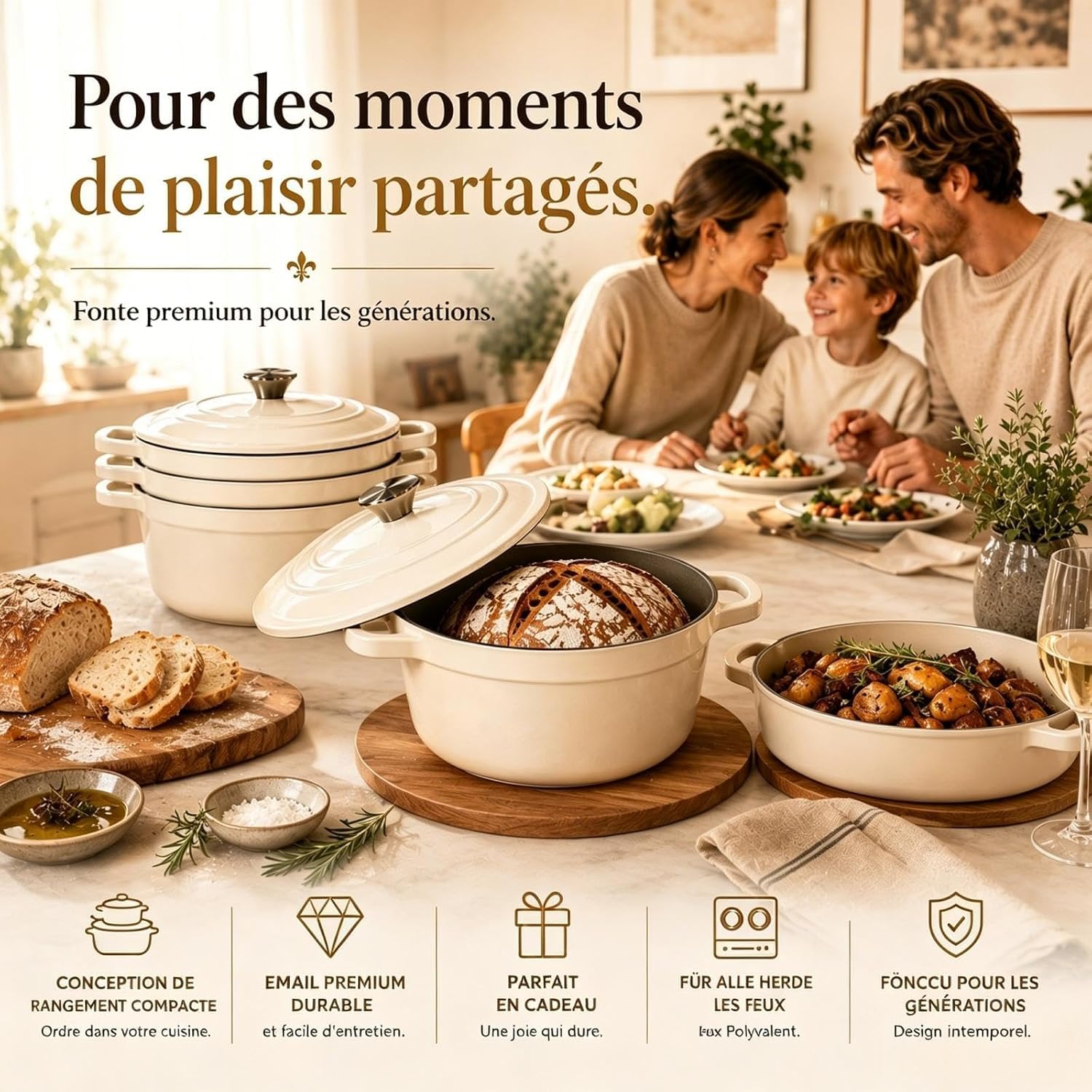 AHJ 4 Casseroles en Fonte Émaillée, Ensemble de cocottes avec poêle à Pain de 4,5 L, rôtissoire de 2,5 L, poêle à Griller de 1,2 L et Couvercle, antiadhésif, va au Four jusqu'à 260°C, Blanc