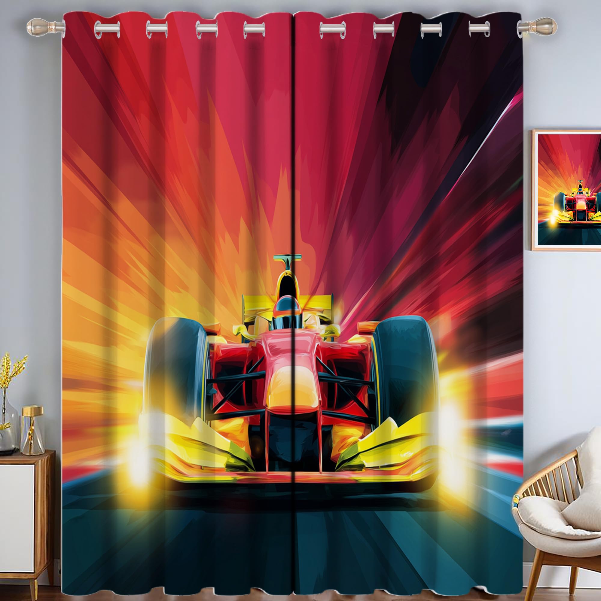 Rideau à oeillets voiture rouge de dessin animé pour chambre d'enfant, lot de 2 panneaux 140x260 cm