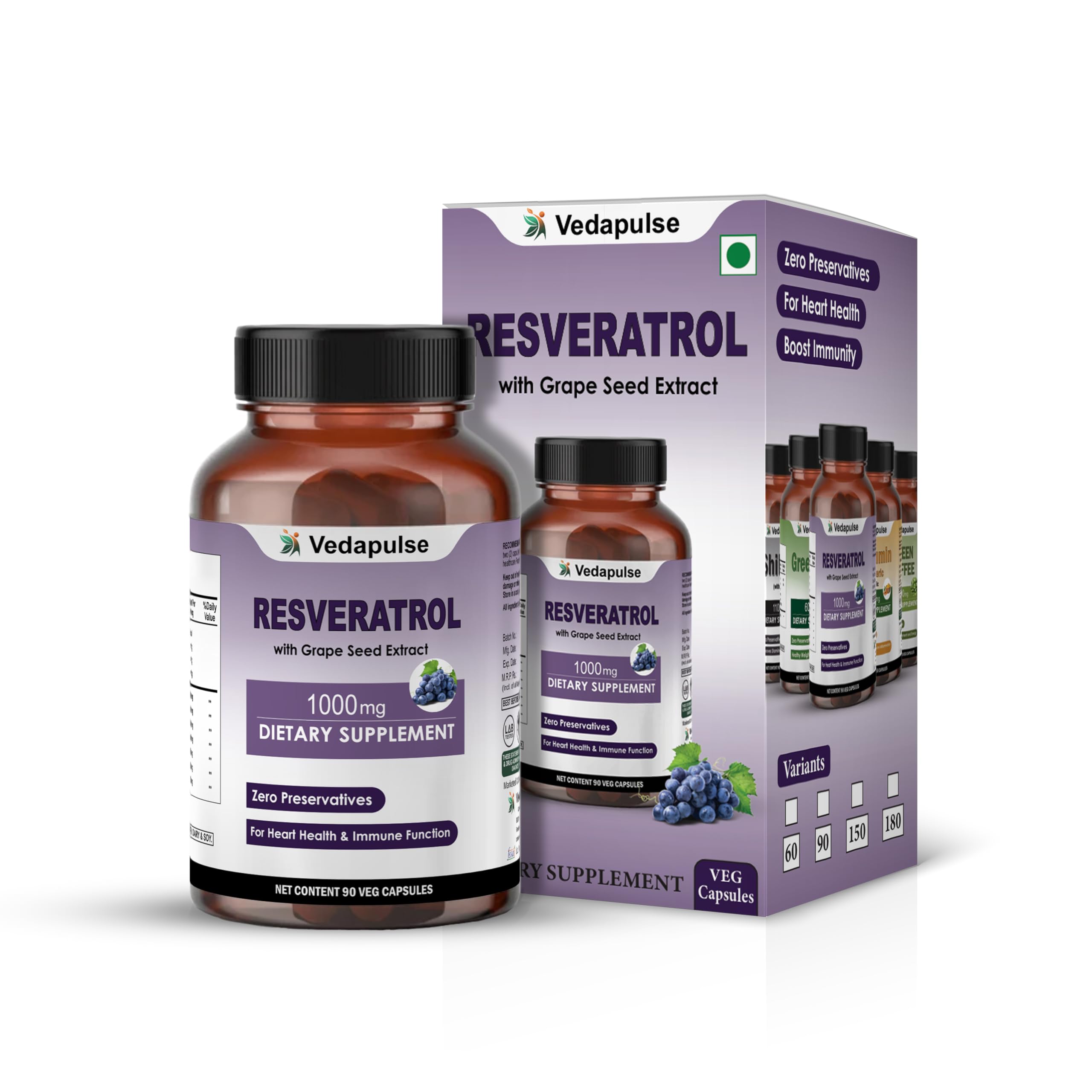 Vedapulse Resveratrol 1000mg with Grape Seed, Milk Thistle, Quercetin, NAC, Turmeric & Black Pepper – 90 Veg Capsules | Antioxidant & Heart Health Support | Dietary Supplement