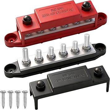 250A 12V Bus Bar Marine, 1/4" Power Distribution Block, Battery Buss Bar, Automotive Busbar Terminal Block for Car and Boat, 6 x 1/4"M6 Studs Black+Red