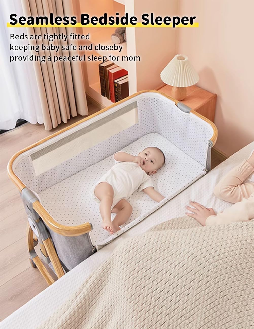 Baby Bassinet, Bedside Bassinet for Baby, 4 in 1 Portable Bassinet Bedside Sleeper with Wheels Mosquito Net & Storage Basket, 6 Height Adjustable Rocking Bassinet for Newborn Baby Woodgrain