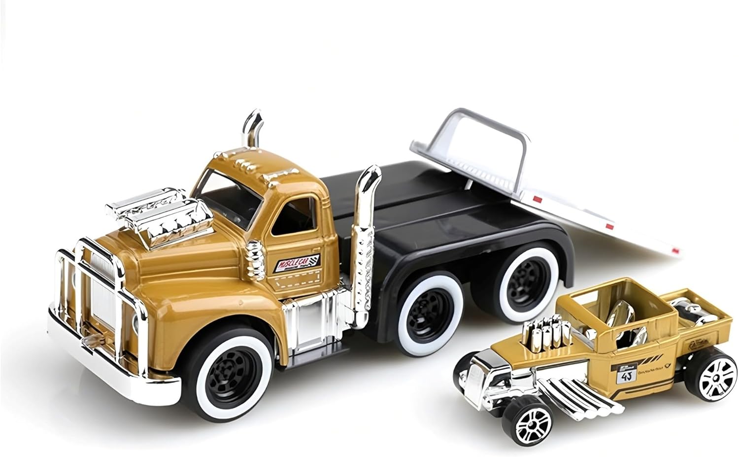 Flatbed Tow Truck Toy Rollback 1:64 Scale Diecast Model Car Hot Rod, Muscle Trailer Series 2 in 1 Vehicle Playset Truck and Trailer Toys for Boys Girls and Collectors (Brown)