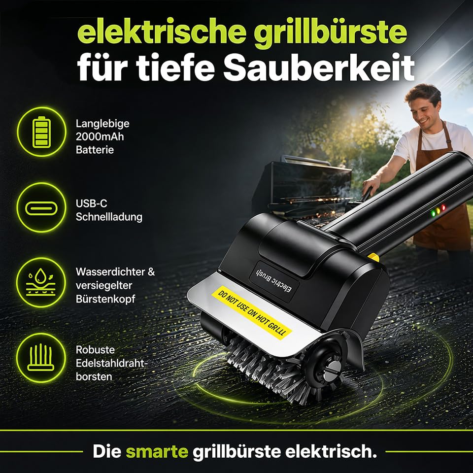 Elektrische Grillbürste, Elektrische Grill Reinigungsbürste mit Beleuchtung, Wiederaufladbarer Grillreiniger, 100 Minuten Laufzeit, Austauschbare Edelstahl-Bürstenkopf Für Alle Grills Geeignet