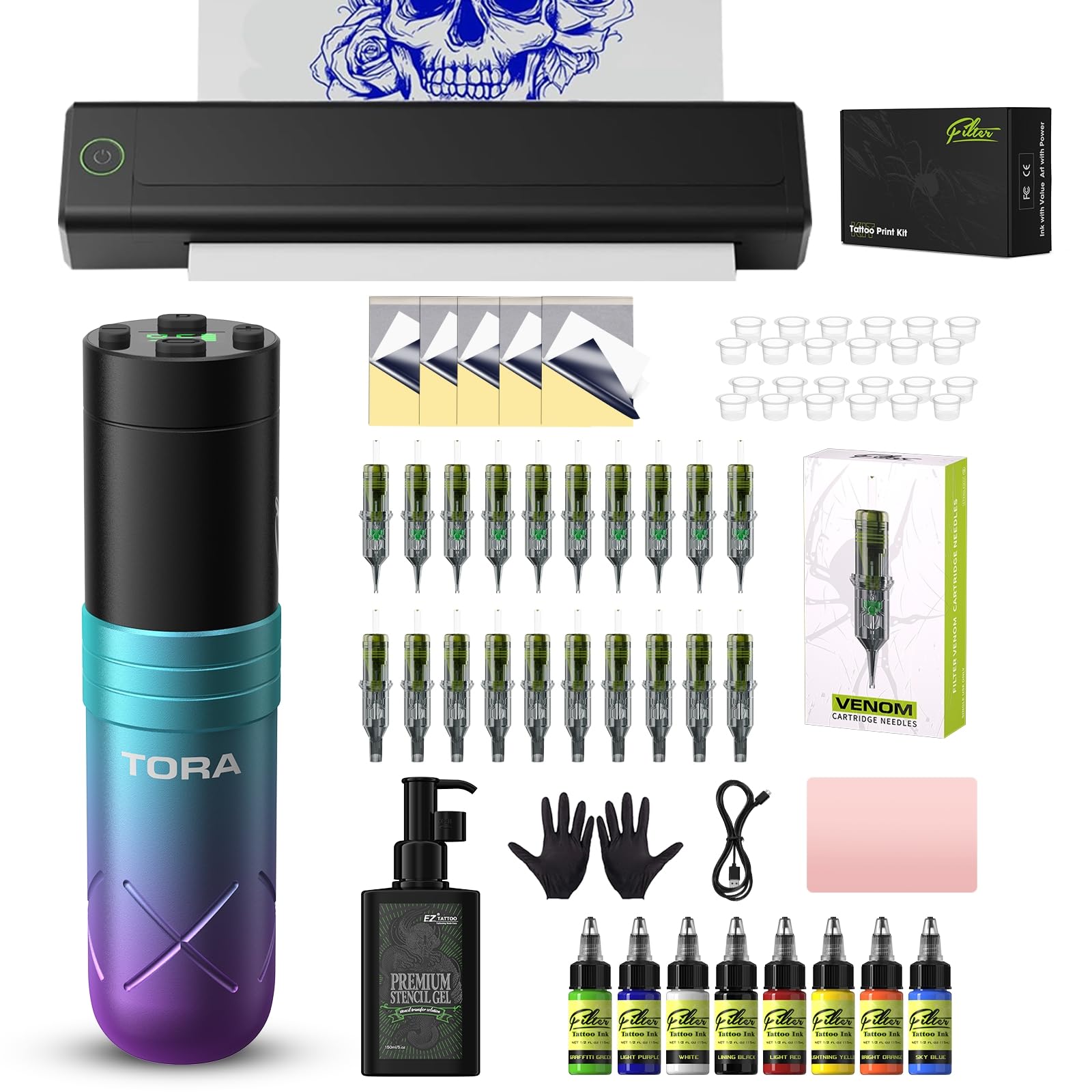 Filter Tattoo Printer Kit with Stencil Printer, Tattoo Gun and Supplies