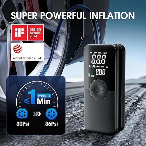 Miniatura 2 de CARSUN Inflador de neumáticos inalámbrico, compresor de aire portátil, bomba de neumáticos de automóvil con pantalla dual digital, bomba de aire