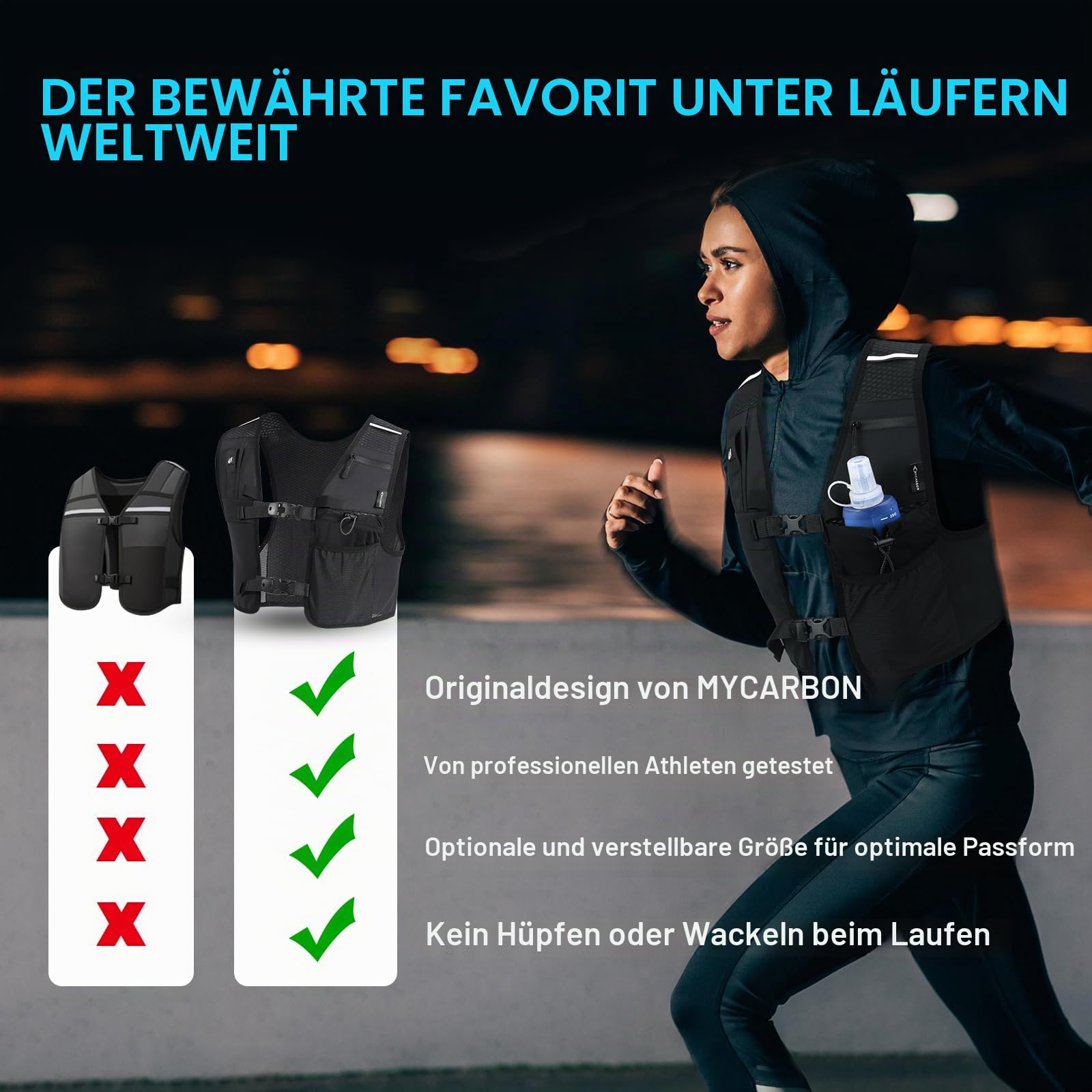 MYCARBON Laufweste Damen, 500ml Trinkflasche, verstellbare Brustgurte, Reflektierender Trinkweste für Laufen Nachtlauf Running Radfahren Jogging Camping Wandern