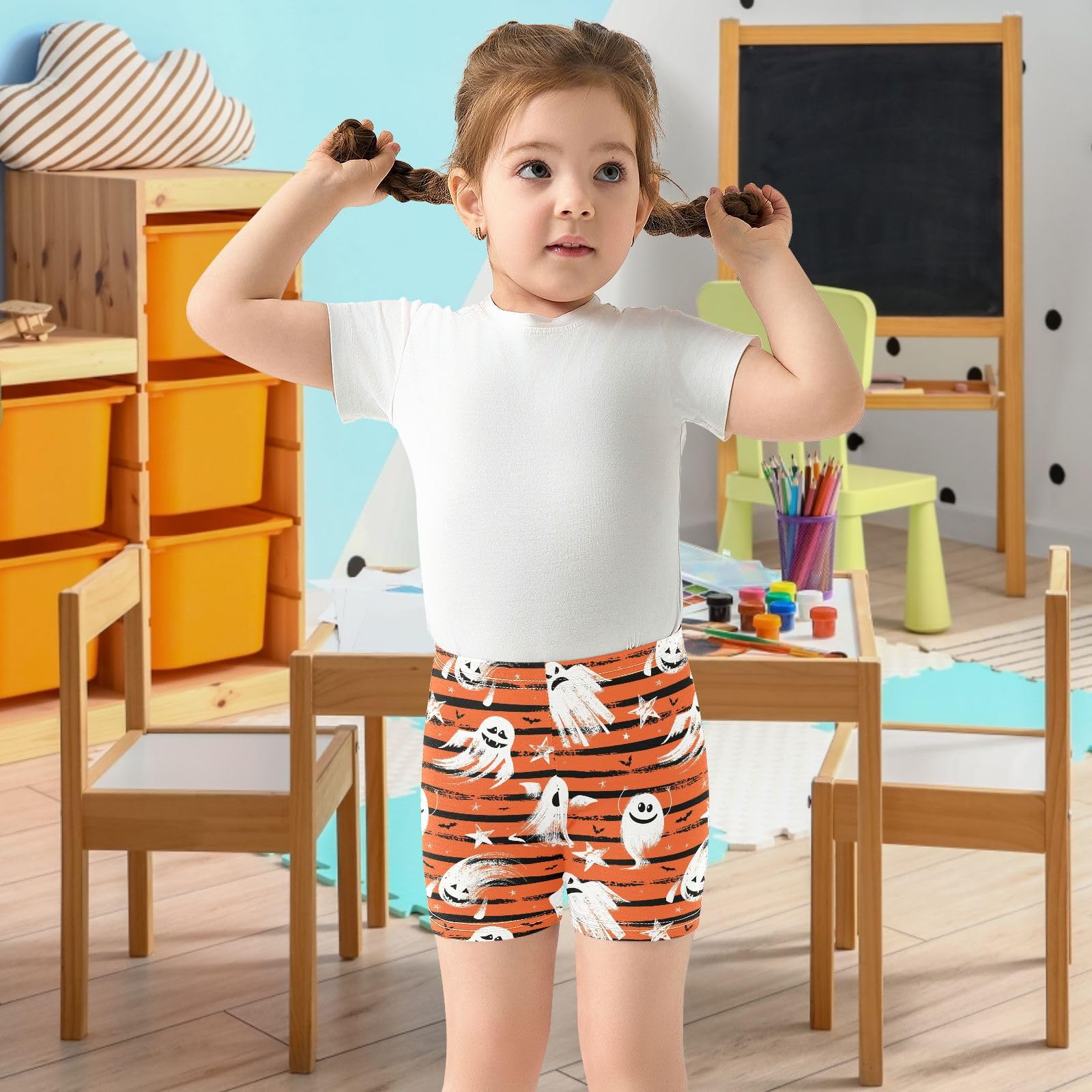 Dallonan Girls Dance Shorts, Toddler Biker Shorts Cartwheel Under Dress Cute White Ghost Kids Biking Clothes 4-10Y