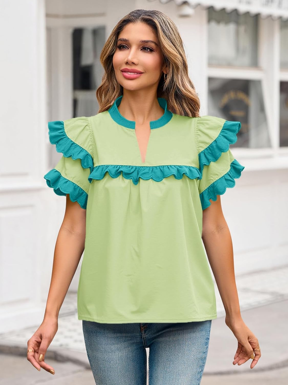 Tankaneo Womens Ruffle Sleeve Babydoll Tops Color Block Summer V Neck Pleated Blouse Dressy Casual Loose Fit Shirts - Image 3