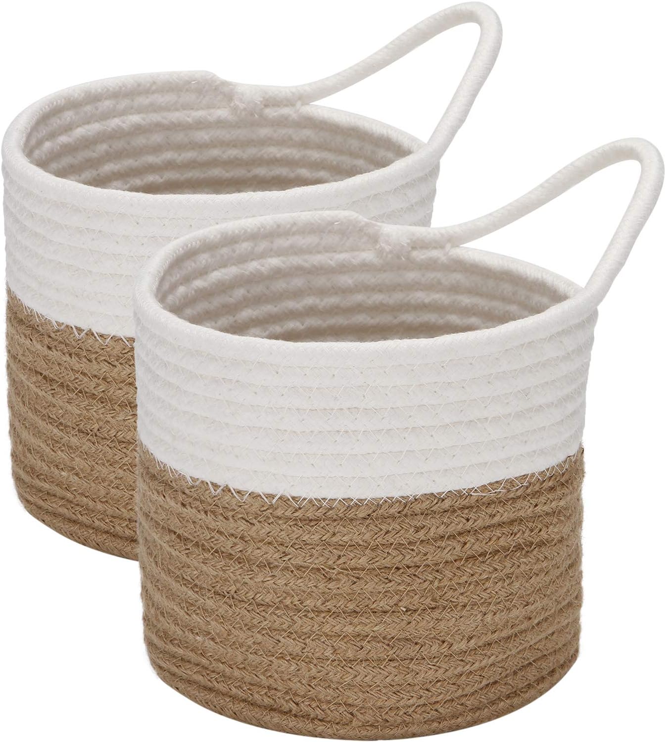 Sea Team 2-Pack Hanging Cotton Rope Baskets, 6.5 Inches Small Woven Storage Basket, Bike Hang Bag, Fabric Planter, Pot, Wall, Door Organizer for Keys, Wallets, Sunglasses, (Flaxen & White)