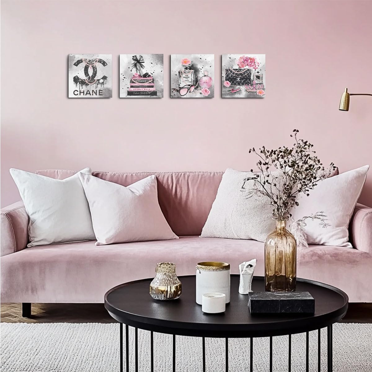 4 Pcs Pink Fashion Canvas Wall Art Black and White Decor Grey Wall Decor Aesthetic Framed Posters Art Prints Artwork Pink Pictures for Women Bedroom Apartment Vogue Living Room Decor 8x8 Inch