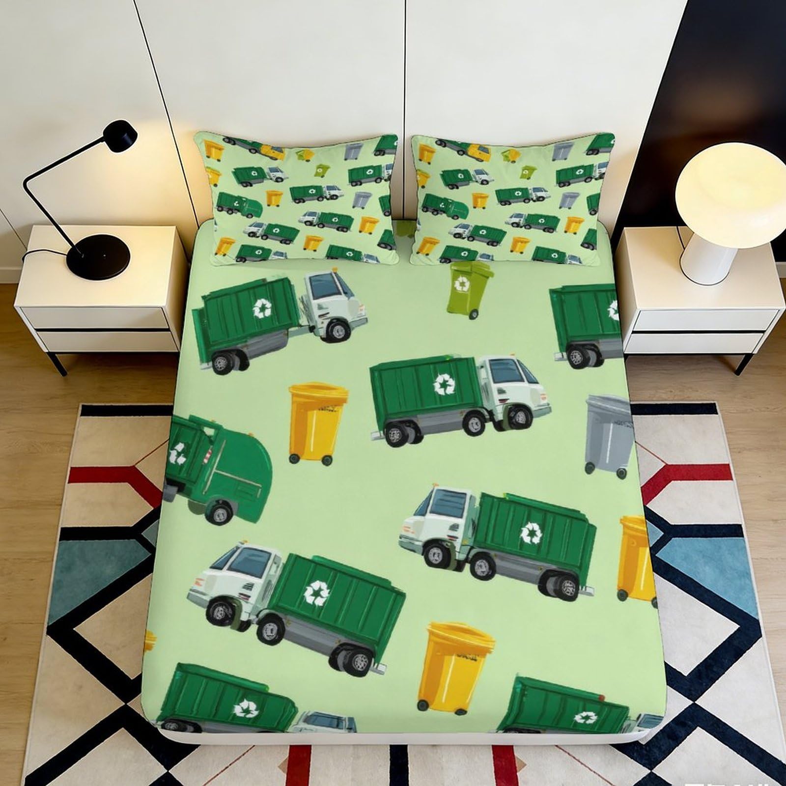 3D Printed Garbage Truck Fitted Sheet Microfiber Soft Cartoon Trash Bin Bed Cover for Bedroom Living Room Decor 90x200x25cm