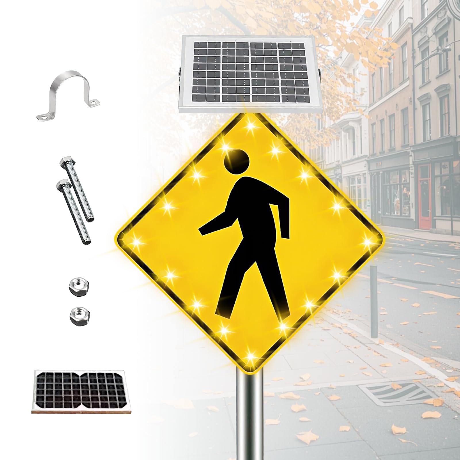 ZHENYUWANG 24-inch/30-inch solar-powered flashing LED pedestrian crossing signs, aluminum pedestrian crossing warning and safety signs, high-brightness pedestrian traffic warning lights 30in