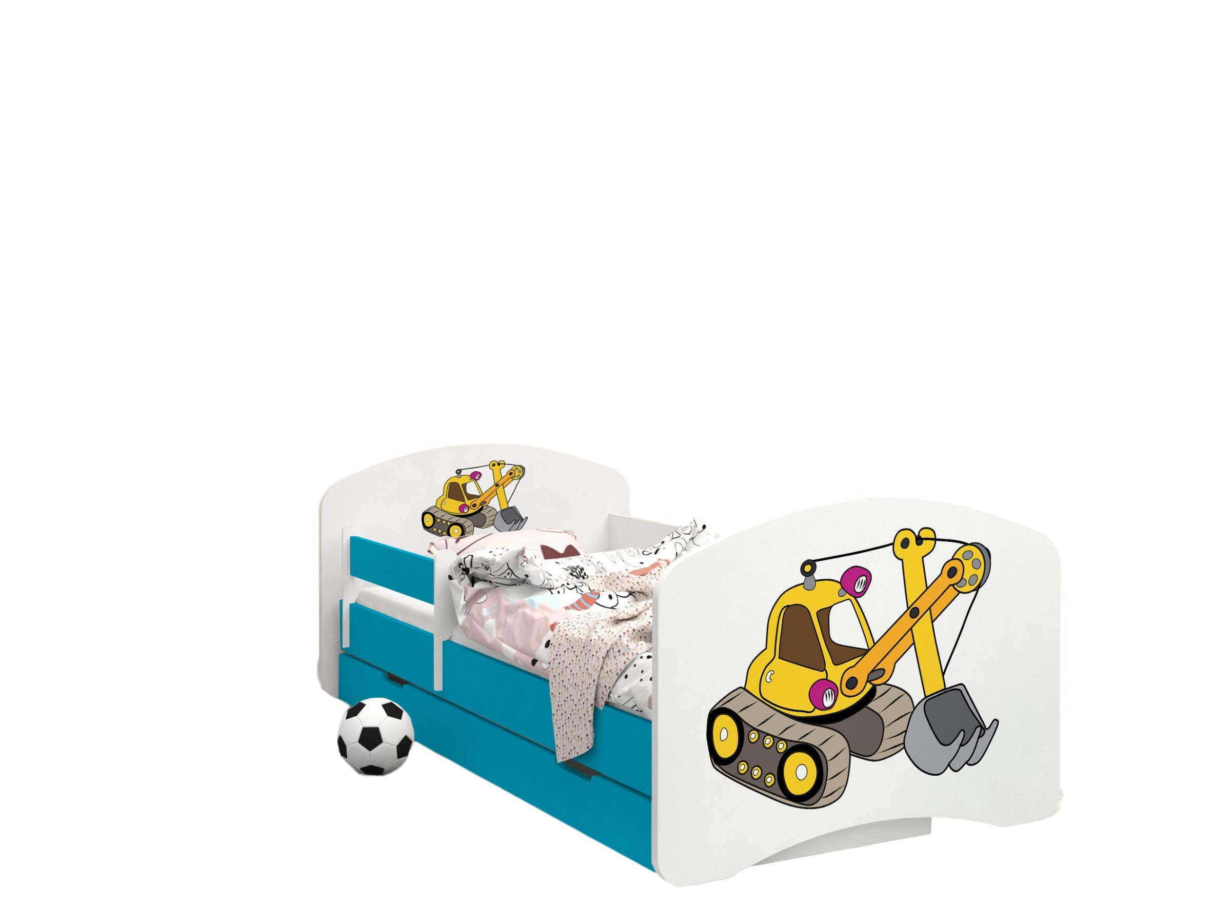 HappyBabies - Dwustronne łóżko dziecięce z szufladą, nowoczesne wzornictwo, z bezpiecznymi krawędziami i zabezpieczeniem przed upadkiem, materac piankowy 7 cm, niebieski (żółta koparka, 140 x 70 cm)