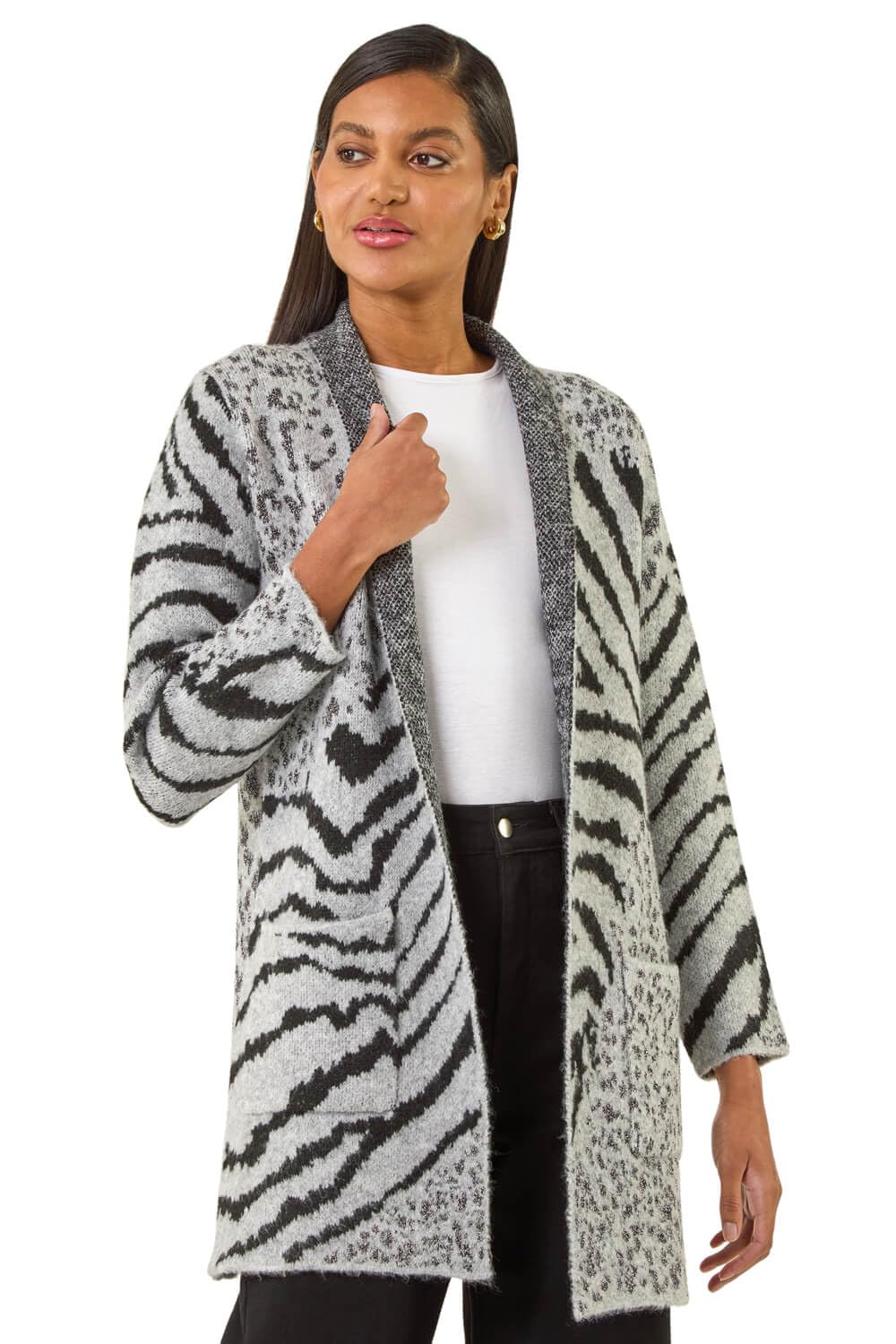 Roman Originals Multi Animal Print Soft Knit Cardigan for Women - Ladies Everyday Autumn Winter Comfy Soft Evening Vacation Work Party Night Out - Grey - Size 20